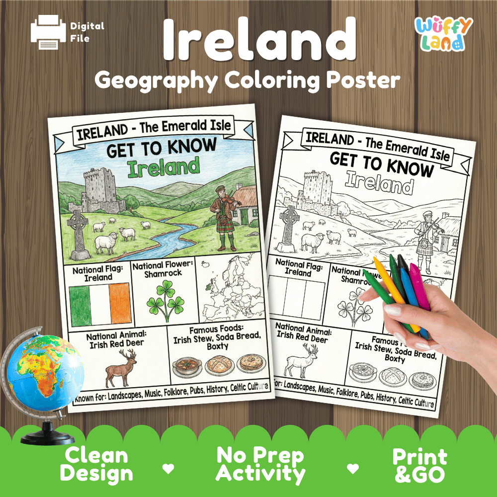 Ireland Geography Coloring Poster and Fact Sheet Printable Worksheets
