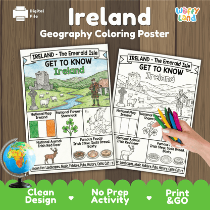 Ireland Geography Coloring Poster and Fact Sheet Printable Worksheets