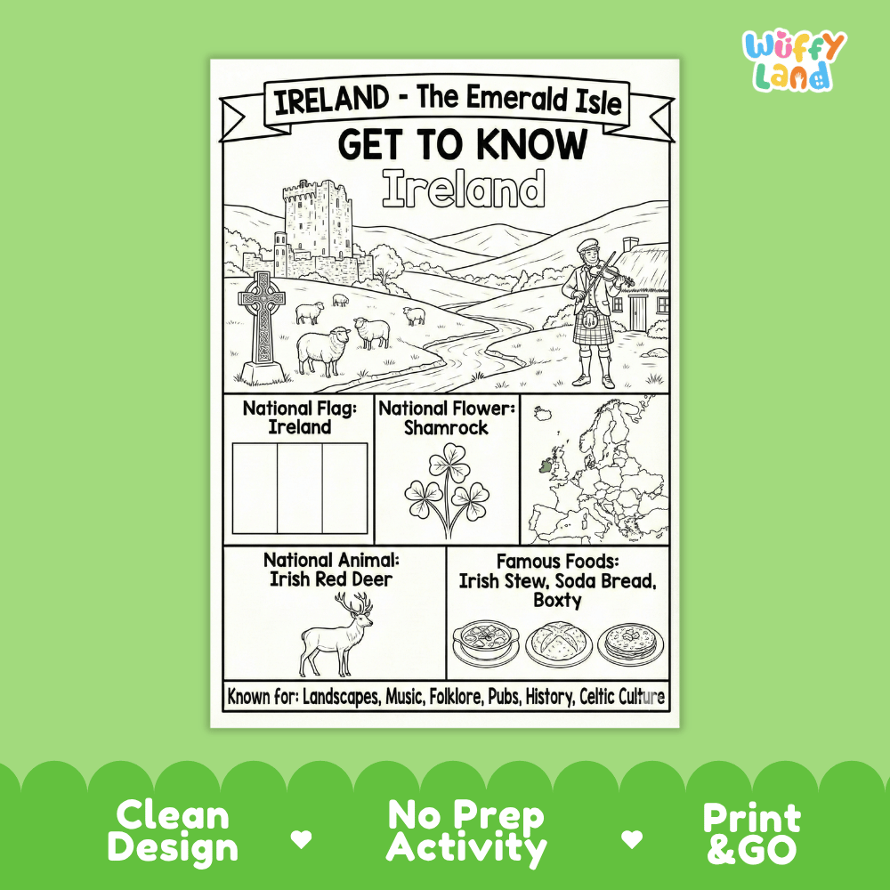 Ireland Geography Coloring Poster and Fact Sheet Printable Worksheets