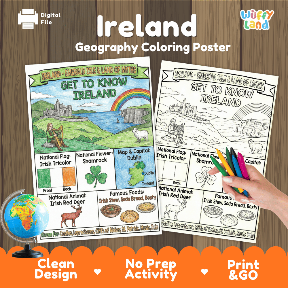 Ireland Geography Coloring Poster and Fact Sheet Printables