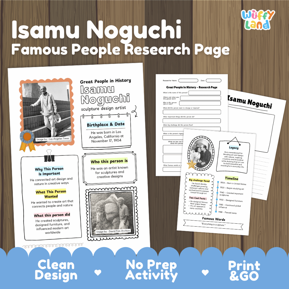 Isamu Noguchi biography research worksheets pack featuring graphic organizers, timeline activity, and student writing template