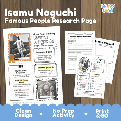 Isamu Noguchi biography research worksheets pack featuring graphic organizers, timeline activity, and student writing template
