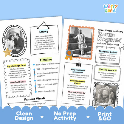 Educational biography summary worksheet featuring a chronological timeline, famous quote, and lined student writing page