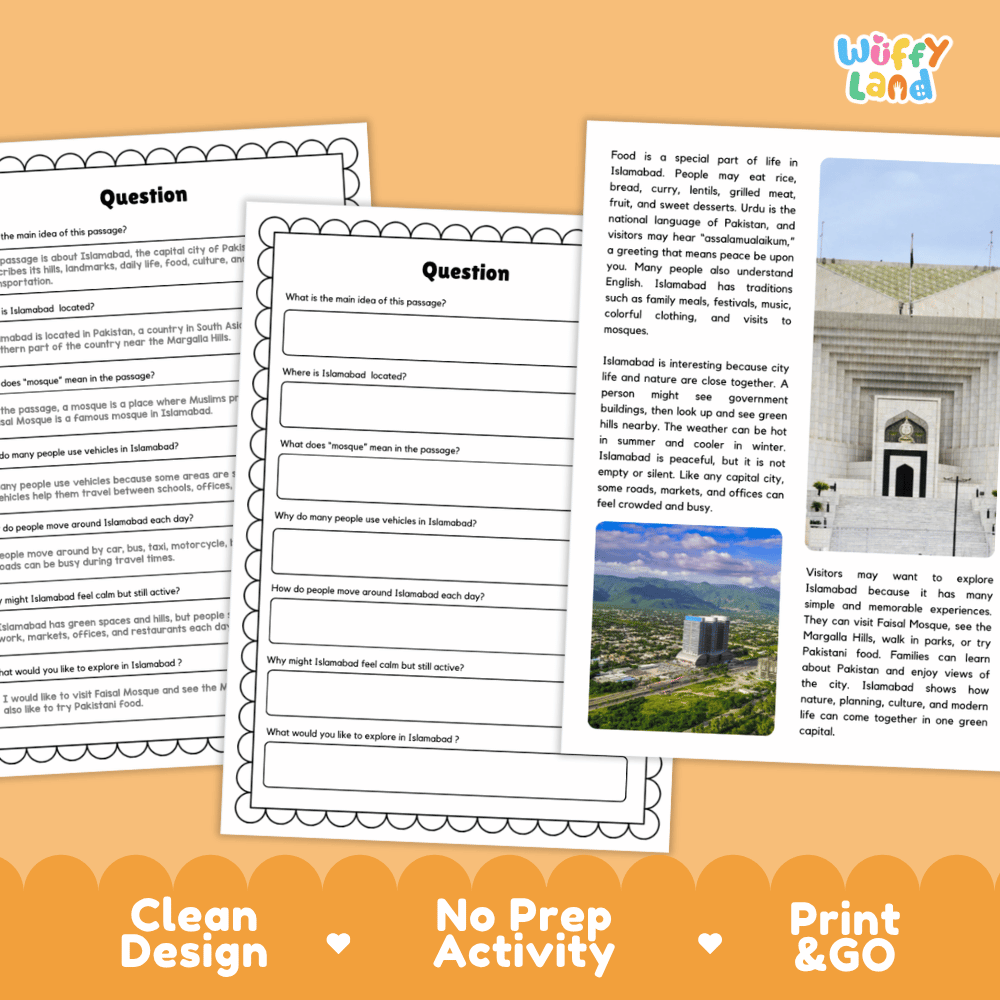 Student reading passage titled A Green City Near Hills detailing Islamabad Pakistan Faisal Mosque Margalla Hills and planned city photography