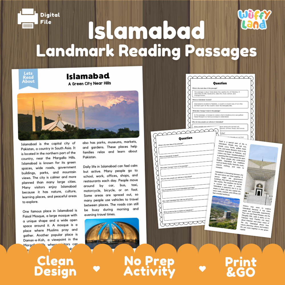 Islamabad landmark reading passage and comprehension worksheet educational unit featuring nonfiction text and authentic Pakistani architecture photography