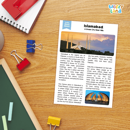 Lined reading comprehension question worksheet covering main ideas vocabulary terms and landmark facts about Islamabad Pakistan