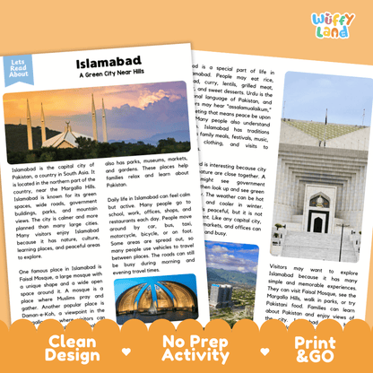 Reference sheet and answer key for Islamabad landmark reading passage displaying completed comprehension answers and South Asian geography facts