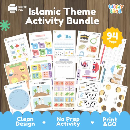 Islamic theme activity bundle printable Ramadan and Muslim early learning pack overview from Wuffy Land featuring 94 pages 🌙🕌
