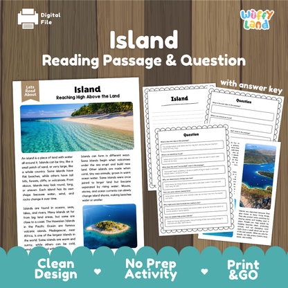 Island Reading Passage and Comprehension Questions Worksheets Landforms