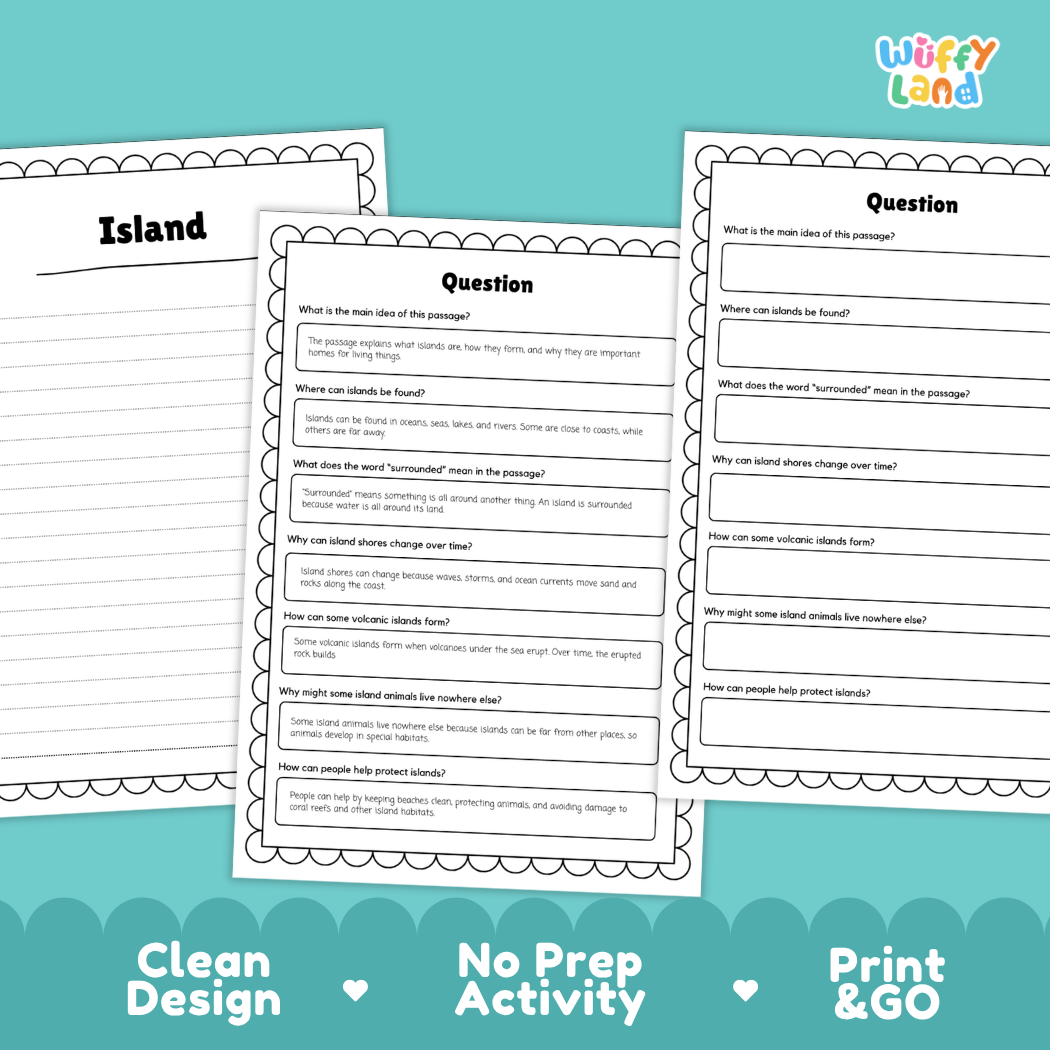 Island Reading Passage and Comprehension Questions Worksheets Landforms