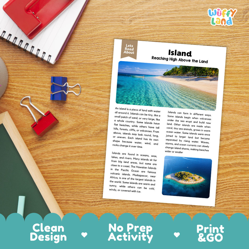 Island Reading Passage and Comprehension Questions Worksheets Landforms