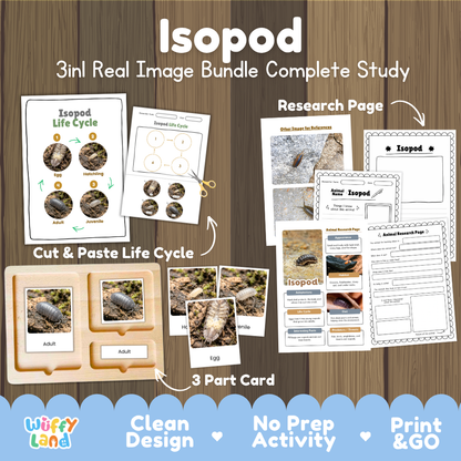 Isopod 3-in-1 real image bundle complete study cover showing cut and paste life cycle, 3 part cards, and research pages