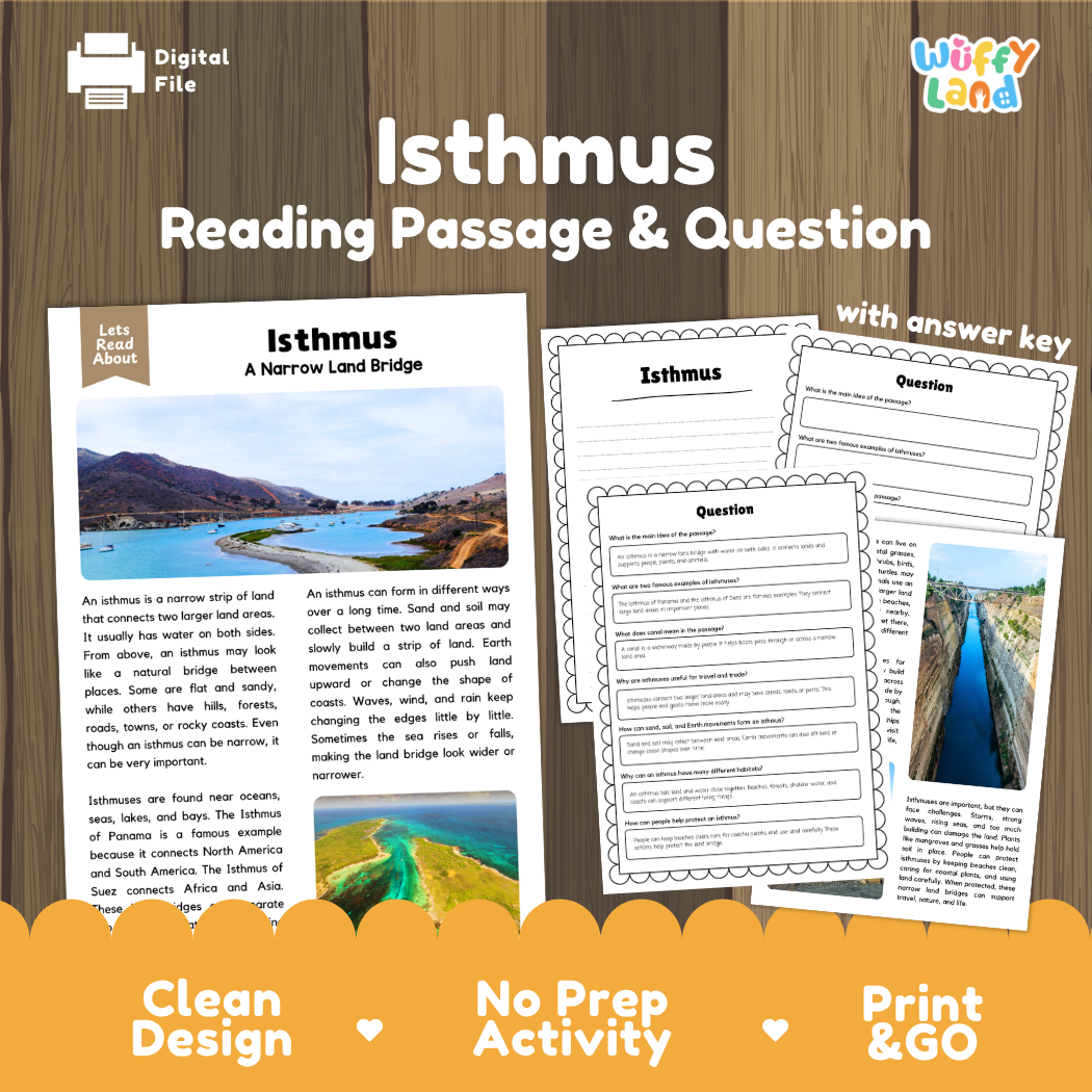Isthmus landform reading comprehension passage and questions printable activity pack with answer key for elementary students