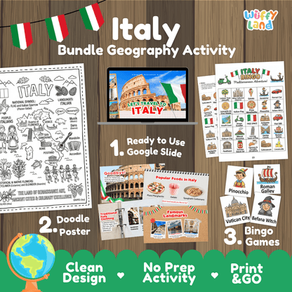 Complete Italy geography activity bundle featuring Google Slides, doodle coloring poster, and classroom bingo games 🇮🇹🎒