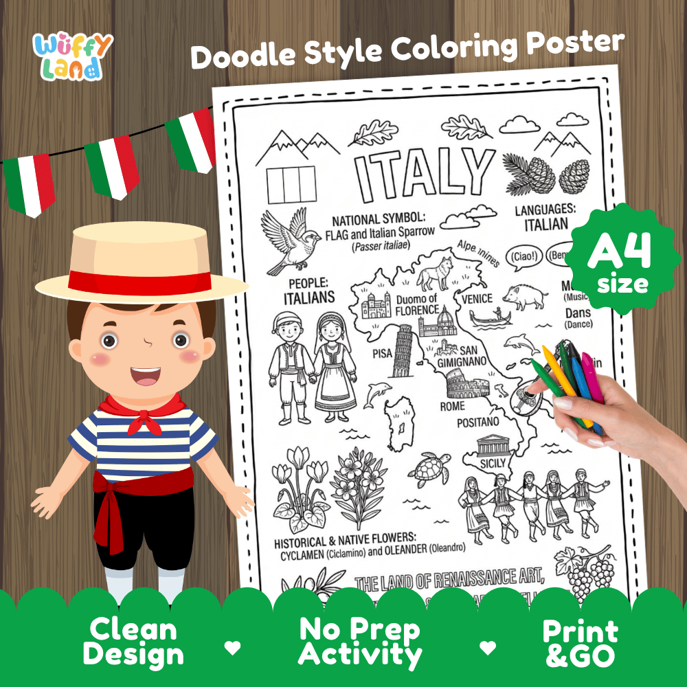Italy country study doodle style coloring poster printable page featuring map, landmarks, and cultural symbols