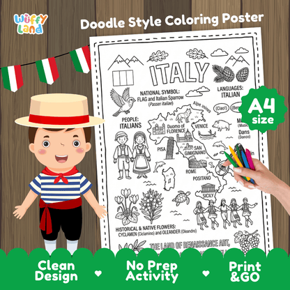 Italy country study doodle style coloring poster printable page featuring map, landmarks, and cultural symbols