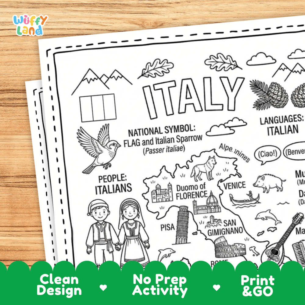 Cultural coloring page featuring traditional Italian attire, folk dancing, musical instruments, grapes, and Italian greeting speech bubbles