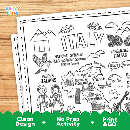 Cultural coloring page featuring traditional Italian attire, folk dancing, musical instruments, grapes, and Italian greeting speech bubbles