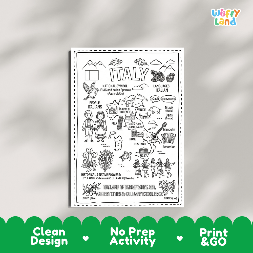 Educational activity coloring page highlighting Italy's national bird the Italian Sparrow, Cyclamen flower, and Oleander
