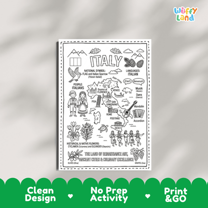 Educational activity coloring page highlighting Italy's national bird the Italian Sparrow, Cyclamen flower, and Oleander
