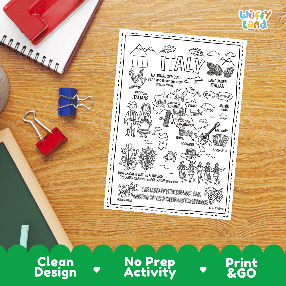 Doodle map coloring sheet showing Italy's capital Rome, Colosseum, Leaning Tower of Pisa, Florence Duomo, and Venice