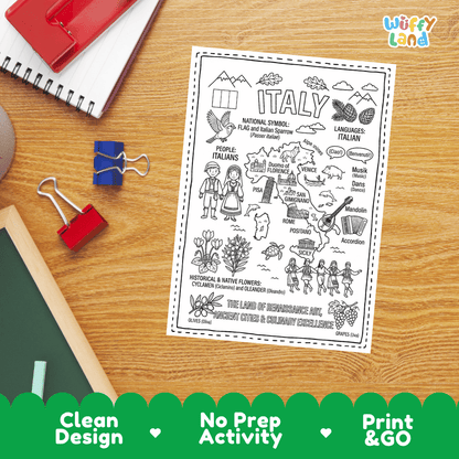 Doodle map coloring sheet showing Italy's capital Rome, Colosseum, Leaning Tower of Pisa, Florence Duomo, and Venice