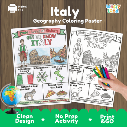 Italy Geography Coloring Poster and Fact Sheet Printables