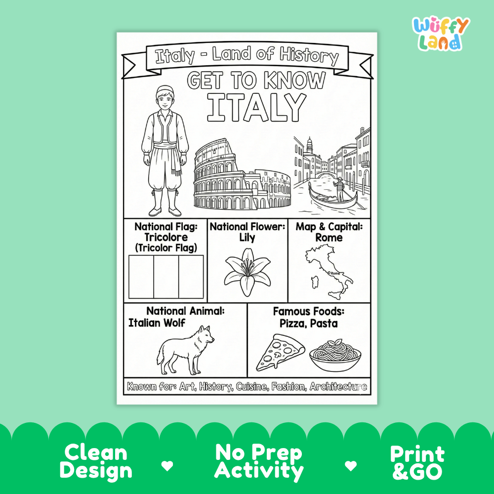 Italy Geography Coloring Poster and Fact Sheet Printables