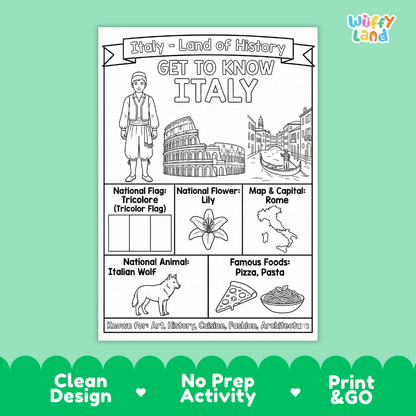 Italy Geography Coloring Poster and Fact Sheet Printables