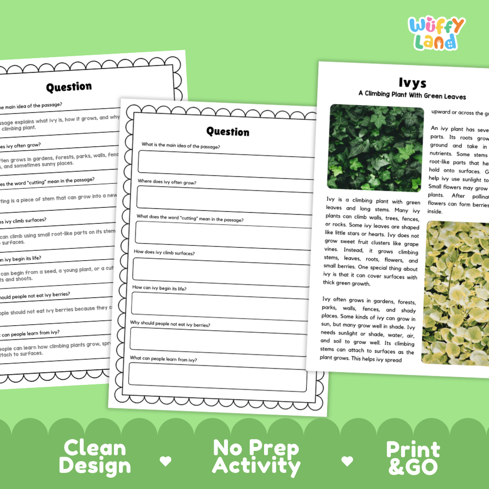 Printable reading passage detailing ivy plants, climbing stems, foliage, and growing environments