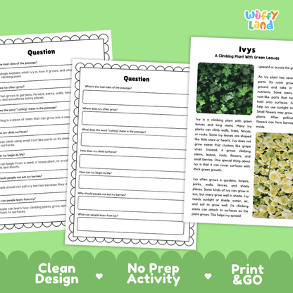 Printable reading passage detailing ivy plants, climbing stems, foliage, and growing environments