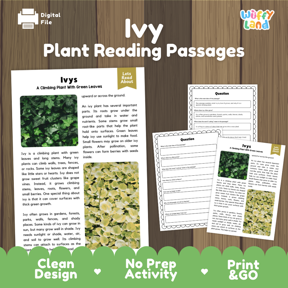 Ivy plant reading passages cover showing printable reading texts, comprehension worksheets, and photographic visuals