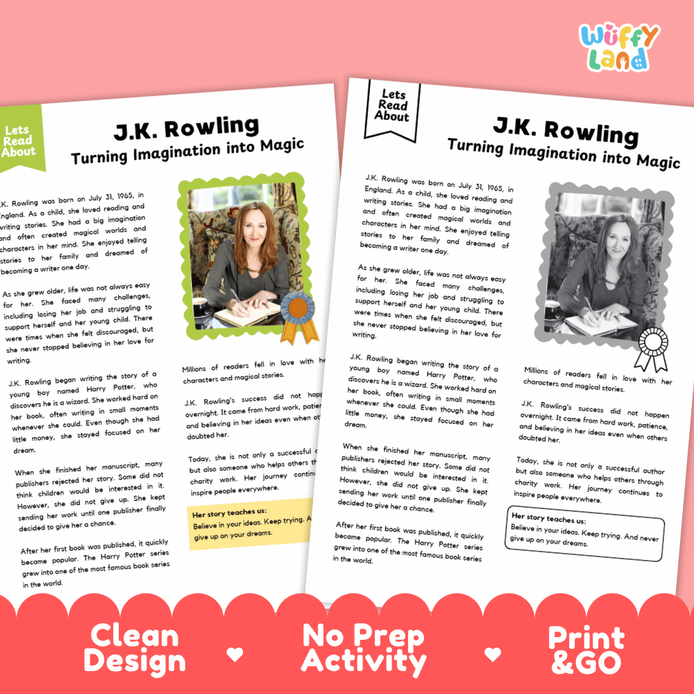 Two printed activity sheets about J.K.