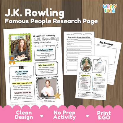 J.K. Rowling Famous People Research Page Worksheets and Biography Activity
