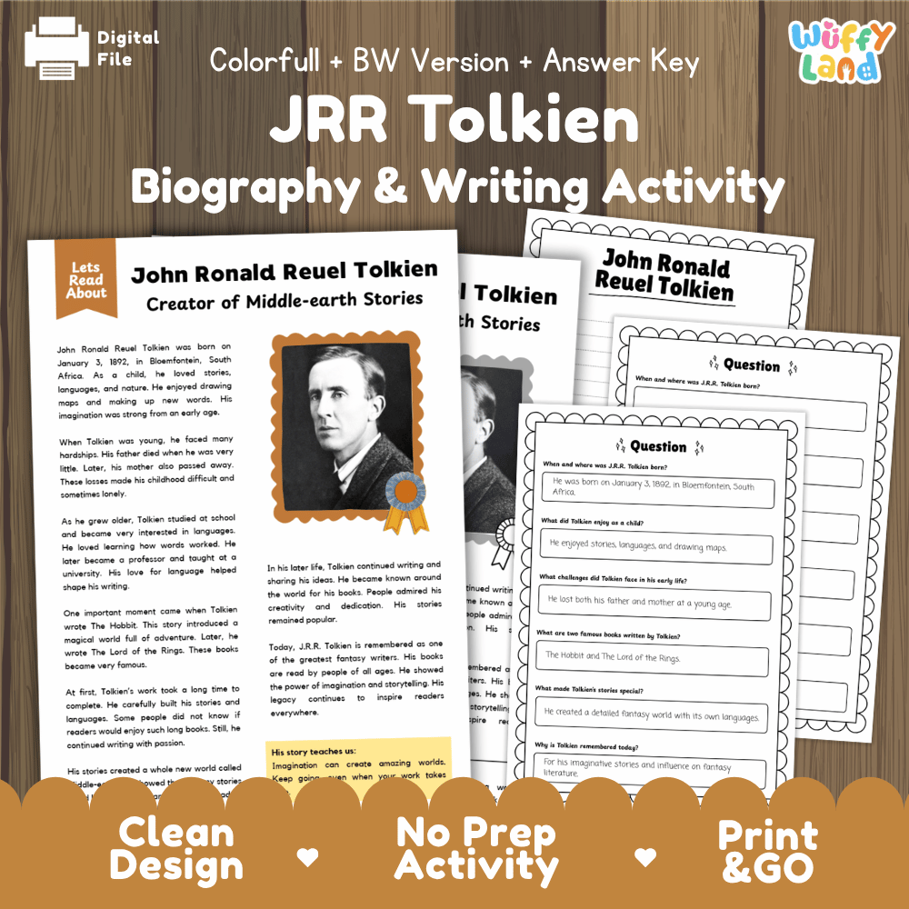 J.R.R. Tolkien biography and reading comprehension worksheets pack featuring passage, writing activity, and answer key