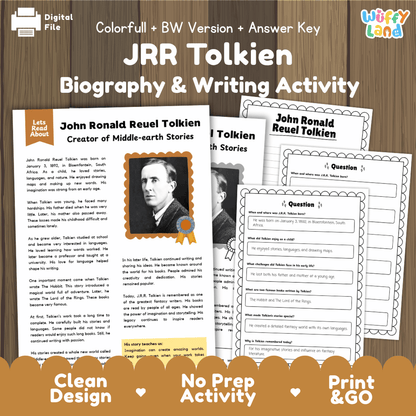 J.R.R. Tolkien biography and reading comprehension worksheets pack featuring passage, writing activity, and answer key