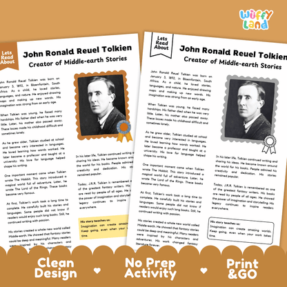 Clean design no prep print and go author biography reading and writing activity layout ready for classroom and homeschool use