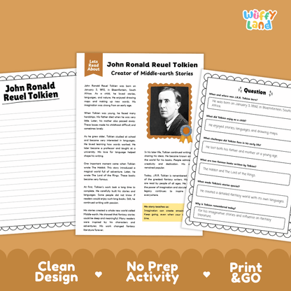 Student reading passage detailing the life, languages, and fantasy books of J.R.R. Tolkien with author portrait illustration