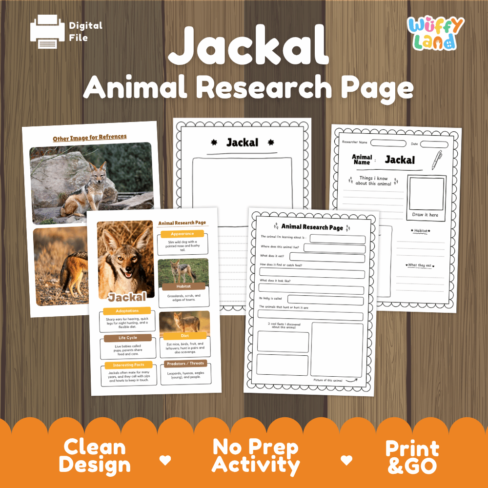 Digital preview of a Jackal Animal Research Page activity sheet set on a wood background, showing multiple printable worksheet pages and a reference card from Wiffy Land.