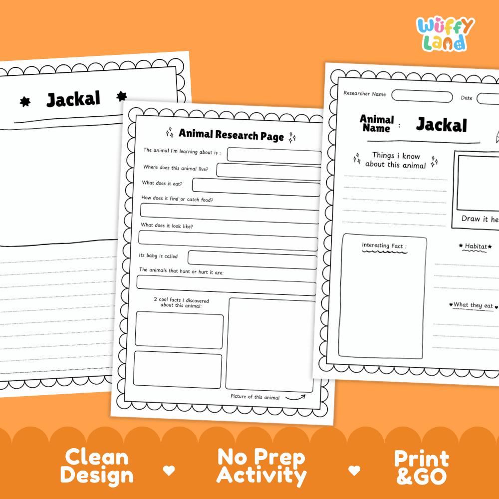 Three printable animal research activity sheets for Jackal, shown overlapping on an orange background with marketing text at the bottom. The sheets are white with black printed text and border lines, and the brand name 'Wiffi Land' appears in the top right corner.