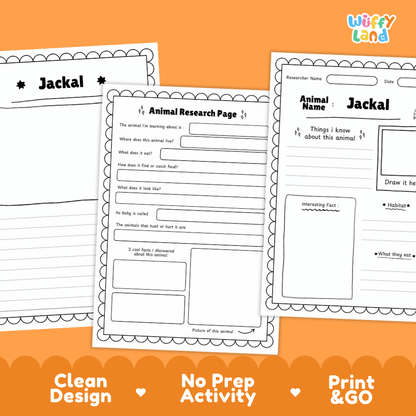Three printable animal research activity sheets for Jackal, shown overlapping on an orange background with marketing text at the bottom. The sheets are white with black printed text and border lines, and the brand name 'Wiffi Land' appears in the top right corner.