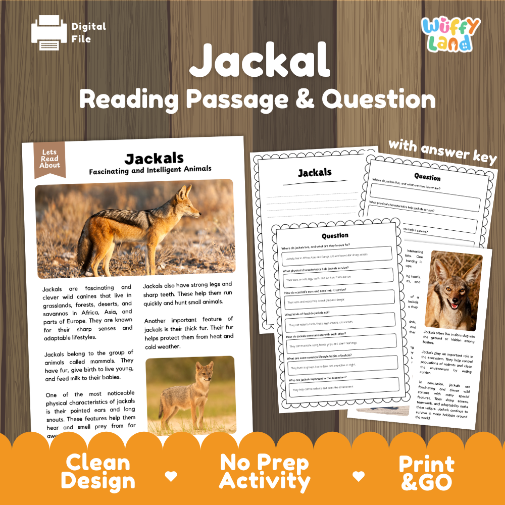 Digital reading activity bundle for Jackals, featuring a reading passage, worksheet pages, and an answer key. The graphic displays the products against a wood panel background with promotional text banners at the bottom.