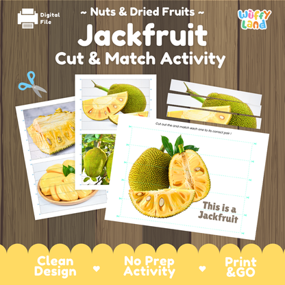 Jackfruit cut and match activity cover showing printable fine motor puzzle sheets and fruit photographs