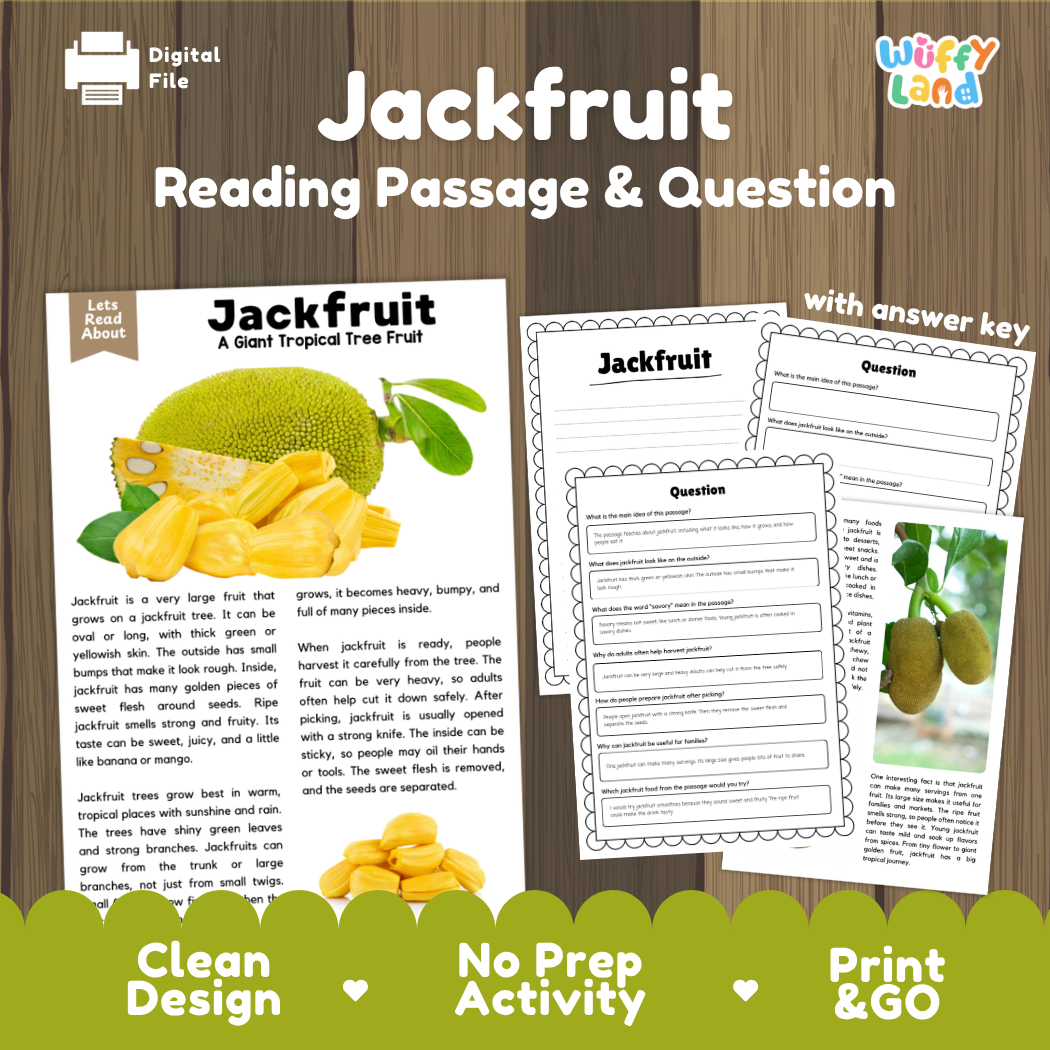 Jackfruit reading comprehension passage and questions printable activity pack with answer key for elementary students