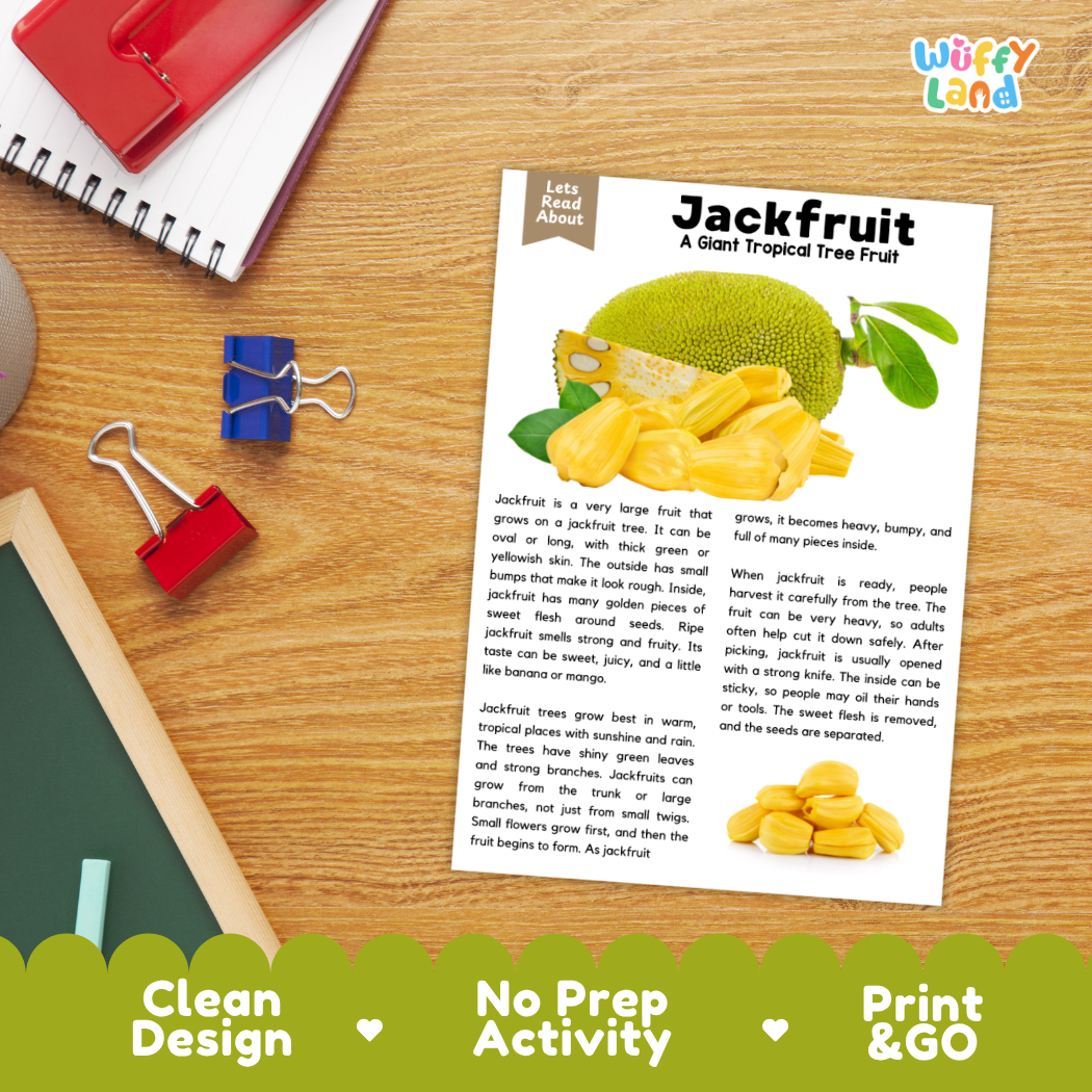 Student reading comprehension worksheet with short-answer questions and lined sections about the jackfruit