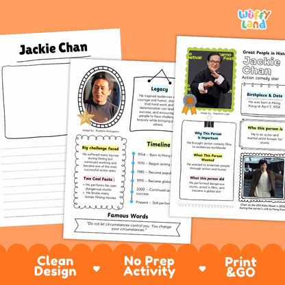 Great People in History student fact profile card detailing Jackie Chan's birthplace, martial arts films, and stunt career