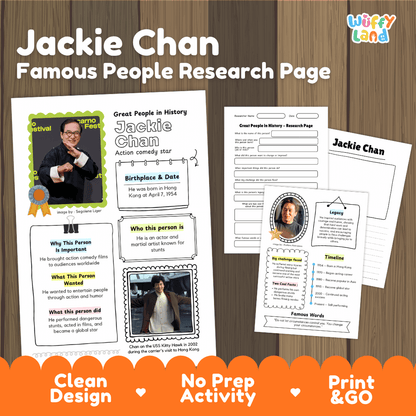 Jackie Chan biography research worksheets pack featuring graphic organizers, timeline activity, and student writing template