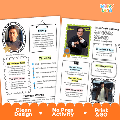 Educational biography summary worksheet featuring a chronological timeline, famous quote, and lined student writing page