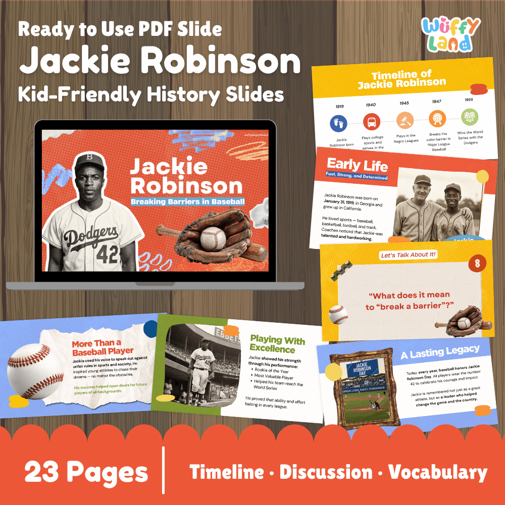Promotional graphic for a digital PDF slide set titled 'Jackie Robinson Kid-Friendly History Slides' by Wiffy Land. The design shows a laptop screen with a slide about Jackie Robinson, surrounded by scattered additional slide thumbnails on a wood background, with text noting '23 Pages' and 'Timeline • Discussion • Vocabulary'.