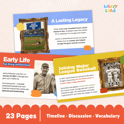 Promotional graphic for a children's educational book or activity set titled 'Wiffle Land' about Jackie Robinson. The design shows a timeline layout with colored panels, framed photos, text sections, and a red banner at the bottom reading '23 Pages | Timeline • Discussion • Vocabulary'.